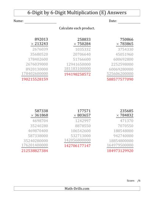 The Multiplying 6-Digit by 6-Digit Numbers (E) Math Worksheet Page 2
