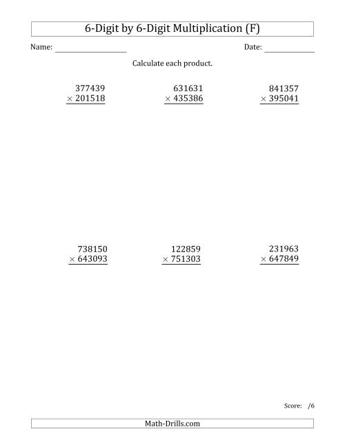 The Multiplying 6-Digit by 6-Digit Numbers (F) Math Worksheet