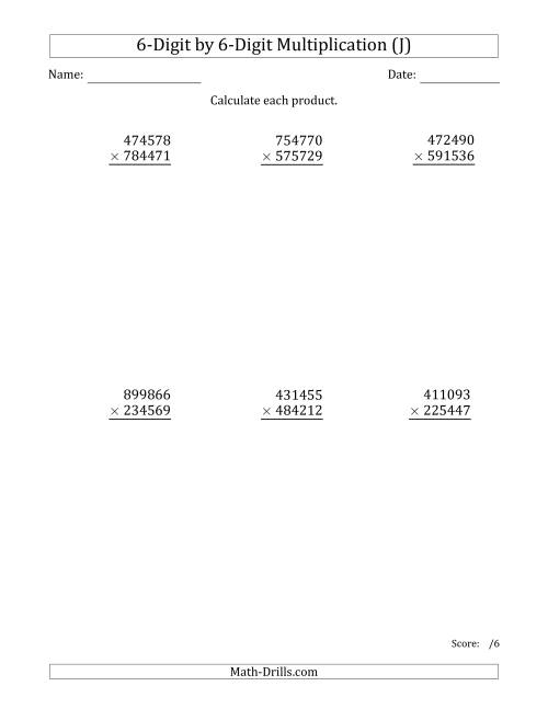 The Multiplying 6-Digit by 6-Digit Numbers (J) Math Worksheet