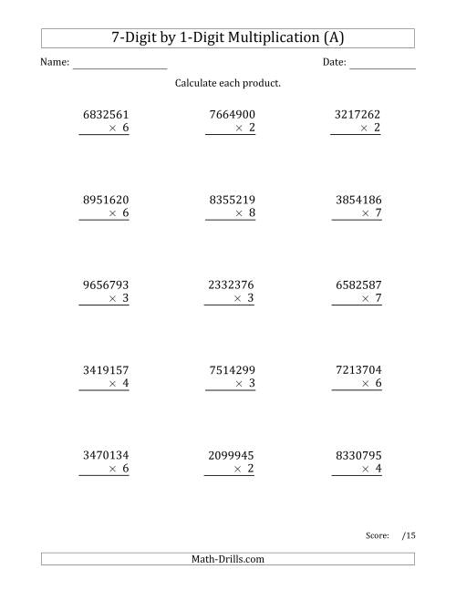 The Multiplying 7-Digit by 1-Digit Numbers (A) Math Worksheet