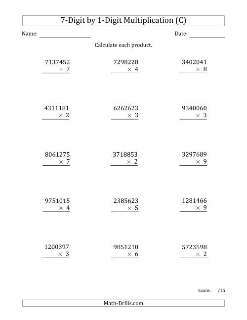 The Multiplying 7-Digit by 1-Digit Numbers (C) Math Worksheet