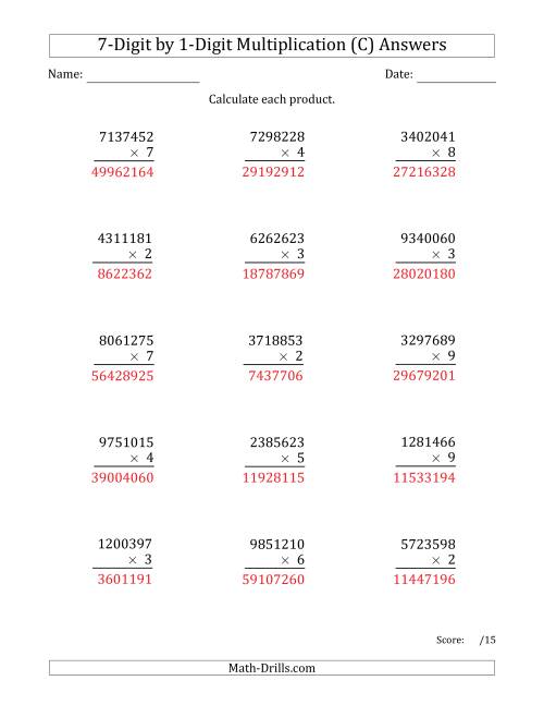The Multiplying 7-Digit by 1-Digit Numbers (C) Math Worksheet Page 2