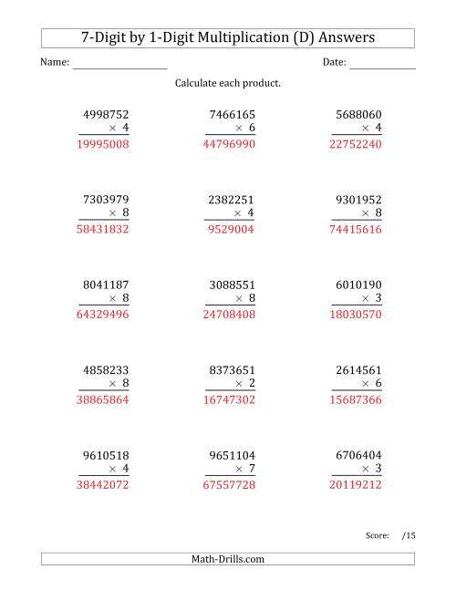 The Multiplying 7-Digit by 1-Digit Numbers (D) Math Worksheet Page 2