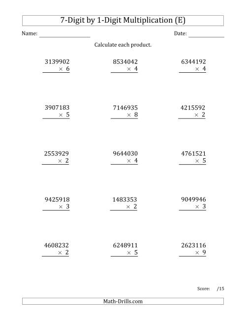 The Multiplying 7-Digit by 1-Digit Numbers (E) Math Worksheet