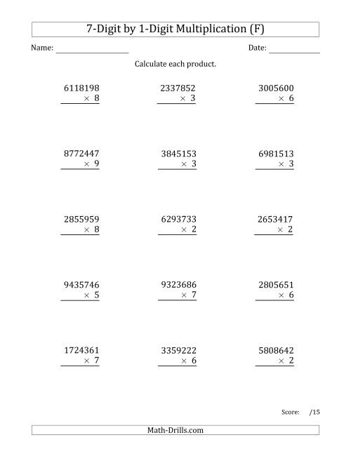 The Multiplying 7-Digit by 1-Digit Numbers (F) Math Worksheet