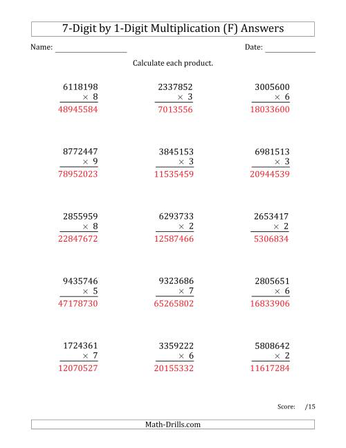 The Multiplying 7-Digit by 1-Digit Numbers (F) Math Worksheet Page 2