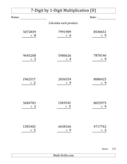 The Multiplying 7-Digit by 1-Digit Numbers (H) Math Worksheet