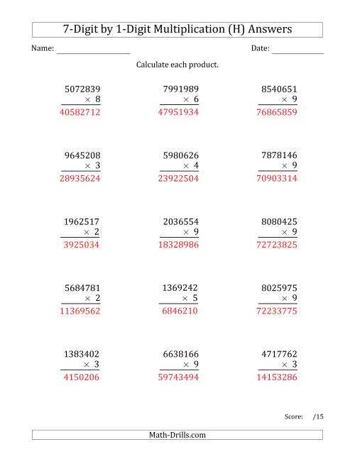 The Multiplying 7-Digit by 1-Digit Numbers (H) Math Worksheet Page 2