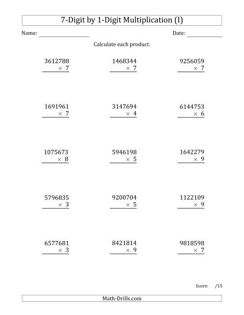 The Multiplying 7-Digit by 1-Digit Numbers (I) Math Worksheet
