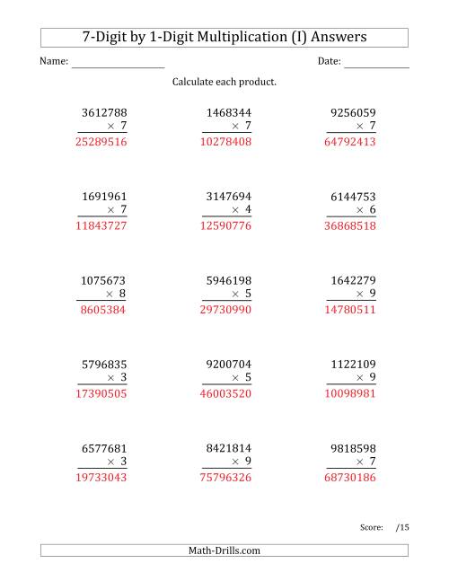 The Multiplying 7-Digit by 1-Digit Numbers (I) Math Worksheet Page 2