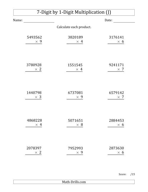 The Multiplying 7-Digit by 1-Digit Numbers (J) Math Worksheet