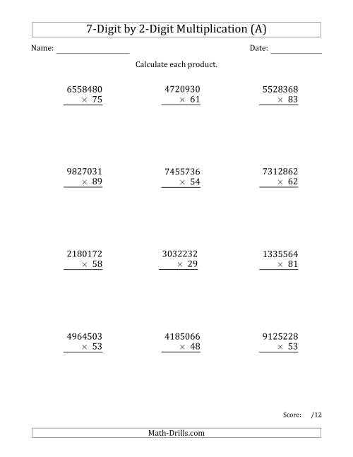 The Multiplying 7-Digit by 2-Digit Numbers (A) Math Worksheet