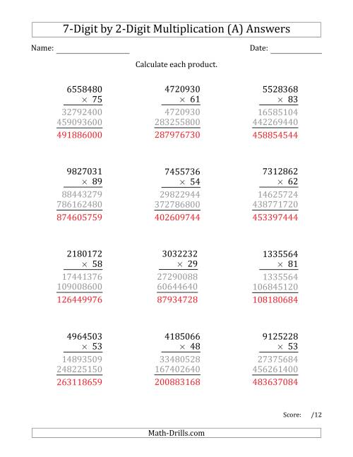 The Multiplying 7-Digit by 2-Digit Numbers (A) Math Worksheet Page 2