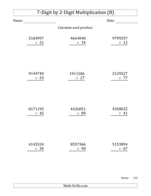 The Multiplying 7-Digit by 2-Digit Numbers (B) Math Worksheet