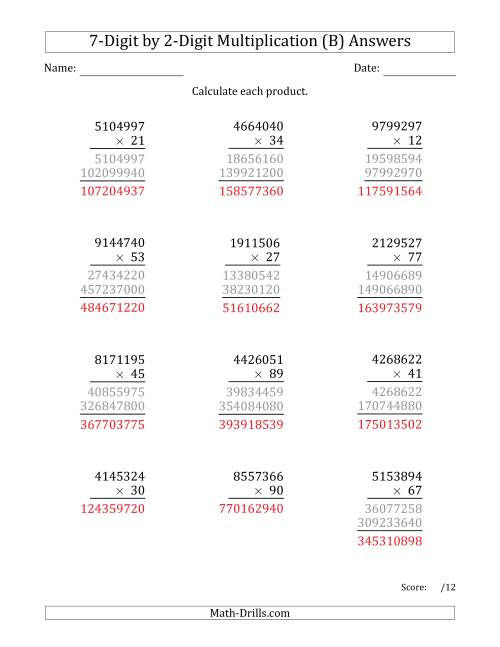 The Multiplying 7-Digit by 2-Digit Numbers (B) Math Worksheet Page 2