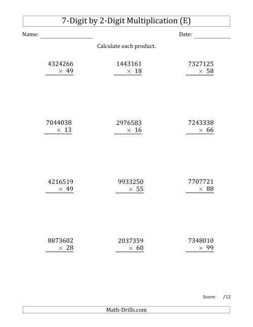 The Multiplying 7-Digit by 2-Digit Numbers (E) Math Worksheet
