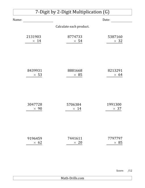 The Multiplying 7-Digit by 2-Digit Numbers (G) Math Worksheet