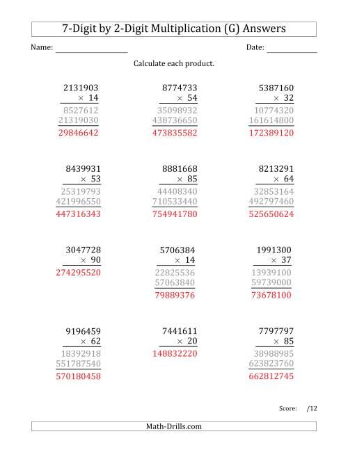 The Multiplying 7-Digit by 2-Digit Numbers (G) Math Worksheet Page 2
