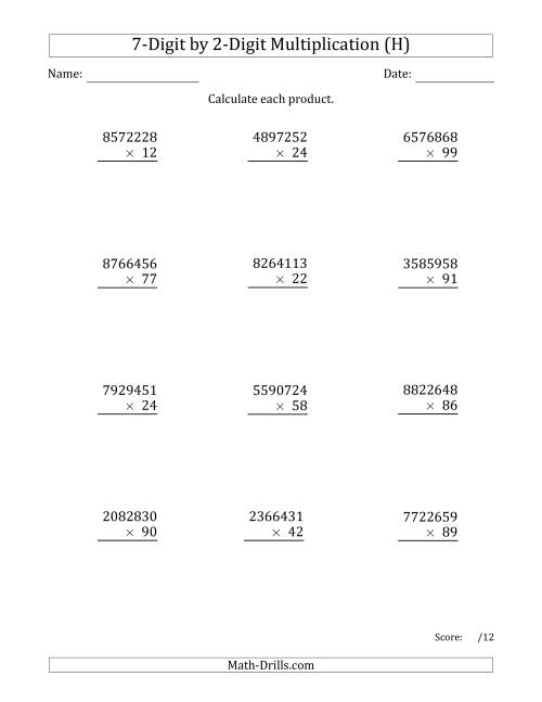 The Multiplying 7-Digit by 2-Digit Numbers (H) Math Worksheet