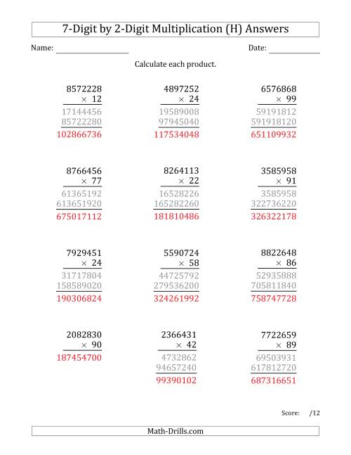 The Multiplying 7-Digit by 2-Digit Numbers (H) Math Worksheet Page 2
