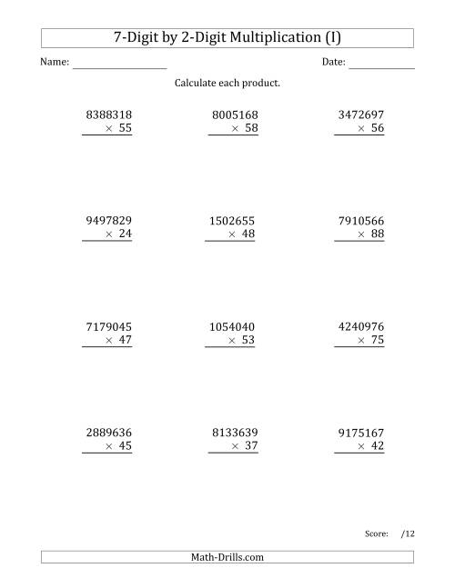 The Multiplying 7-Digit by 2-Digit Numbers (I) Math Worksheet