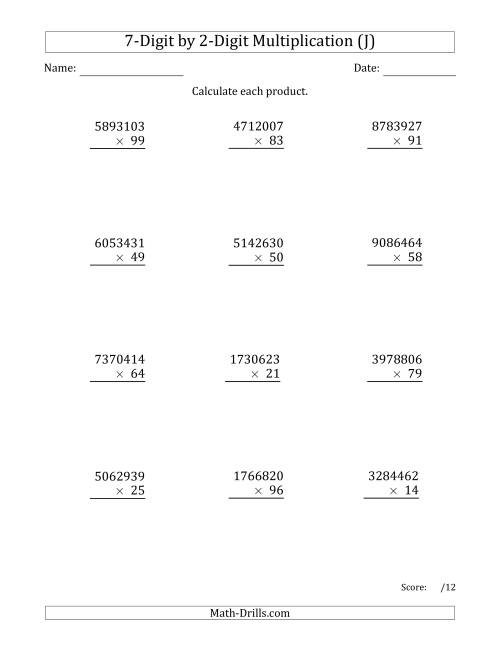 The Multiplying 7-Digit by 2-Digit Numbers (J) Math Worksheet
