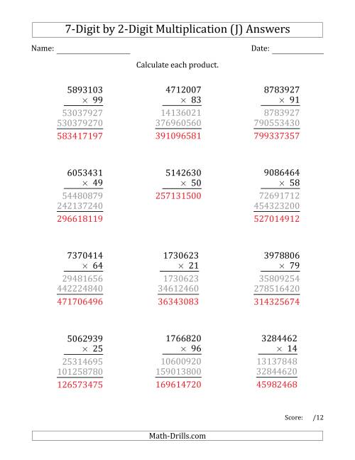 The Multiplying 7-Digit by 2-Digit Numbers (J) Math Worksheet Page 2