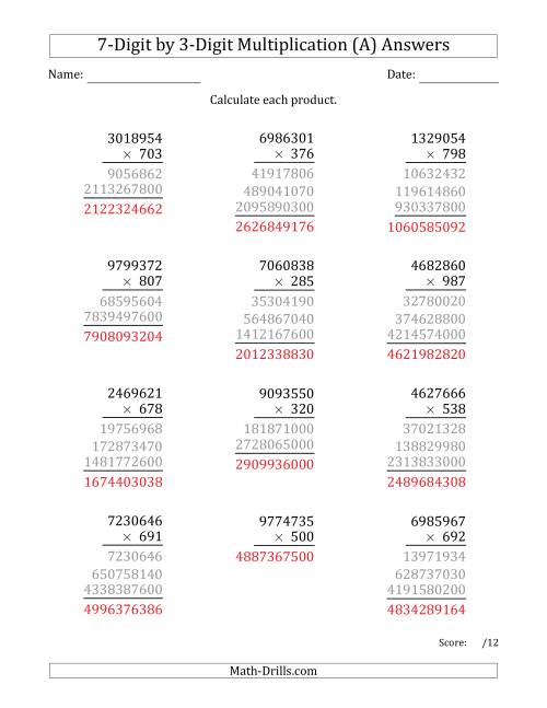 The Multiplying 7-Digit by 3-Digit Numbers (A) Math Worksheet Page 2