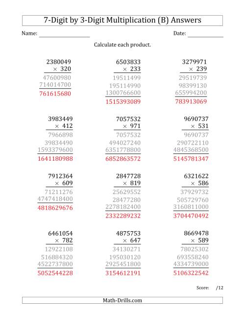 The Multiplying 7-Digit by 3-Digit Numbers (B) Math Worksheet Page 2