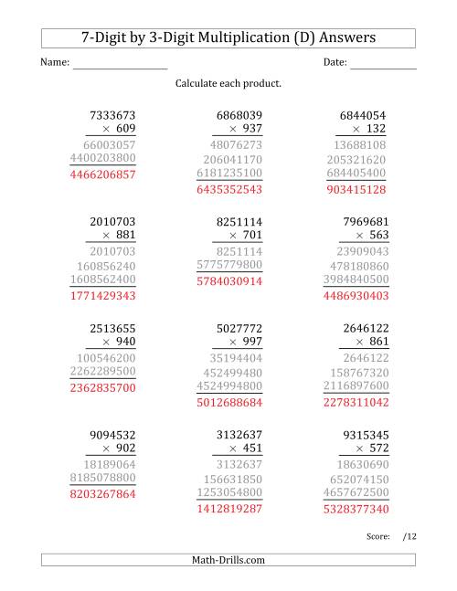 The Multiplying 7-Digit by 3-Digit Numbers (D) Math Worksheet Page 2