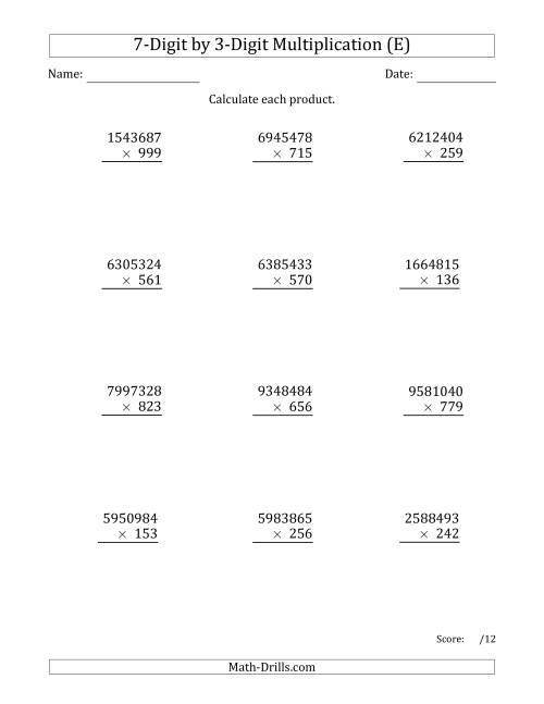 The Multiplying 7-Digit by 3-Digit Numbers (E) Math Worksheet