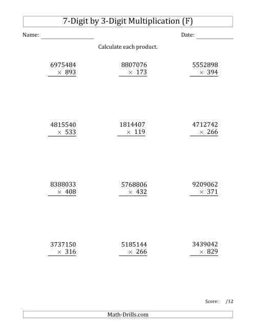 The Multiplying 7-Digit by 3-Digit Numbers (F) Math Worksheet