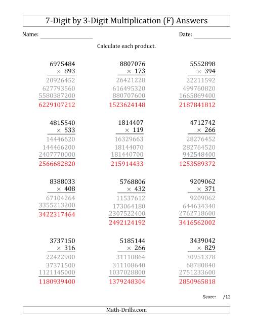 The Multiplying 7-Digit by 3-Digit Numbers (F) Math Worksheet Page 2