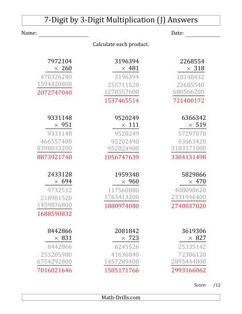 The Multiplying 7-Digit by 3-Digit Numbers (J) Math Worksheet Page 2