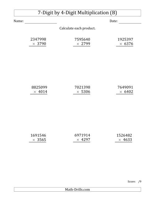 The Multiplying 7-Digit by 4-Digit Numbers (B) Math Worksheet