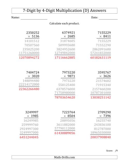 The Multiplying 7-Digit by 4-Digit Numbers (D) Math Worksheet Page 2