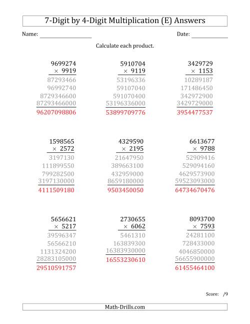 The Multiplying 7-Digit by 4-Digit Numbers (E) Math Worksheet Page 2