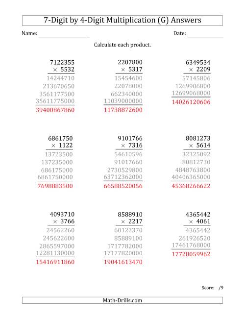 The Multiplying 7-Digit by 4-Digit Numbers (G) Math Worksheet Page 2