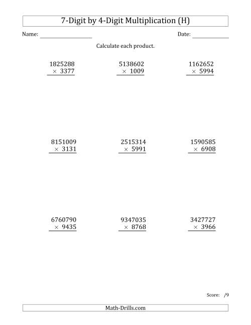 The Multiplying 7-Digit by 4-Digit Numbers (H) Math Worksheet