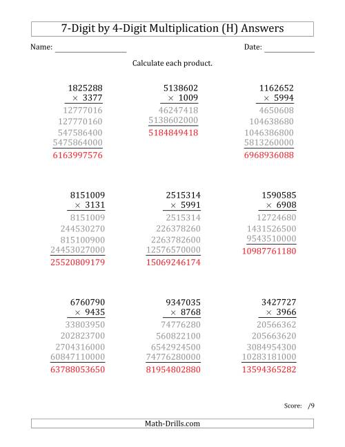 The Multiplying 7-Digit by 4-Digit Numbers (H) Math Worksheet Page 2