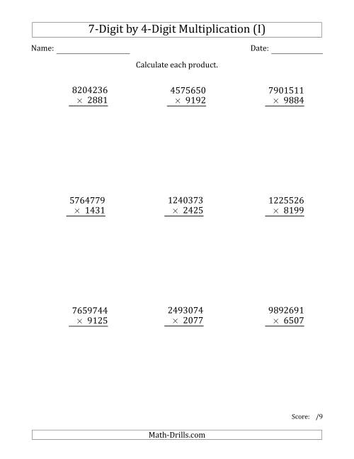 The Multiplying 7-Digit by 4-Digit Numbers (I) Math Worksheet