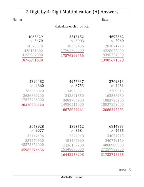 The Multiplying 7-Digit by 4-Digit Numbers (All) Math Worksheet Page 2