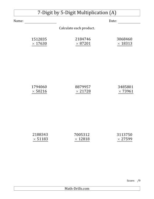The Multiplying 7-Digit by 5-Digit Numbers (A) Math Worksheet