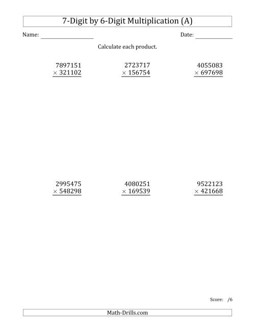 The Multiplying 7-Digit by 6-Digit Numbers (A) Math Worksheet