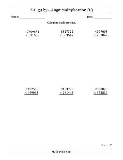 The Multiplying 7-Digit by 6-Digit Numbers (B) Math Worksheet