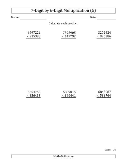 The Multiplying 7-Digit by 6-Digit Numbers (G) Math Worksheet