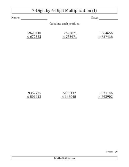 The Multiplying 7-Digit by 6-Digit Numbers (I) Math Worksheet