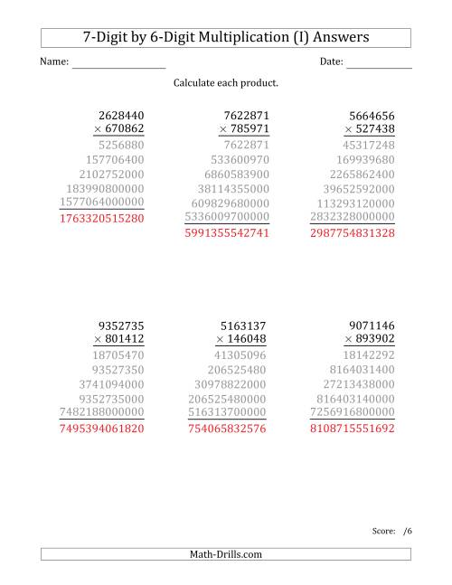 The Multiplying 7-Digit by 6-Digit Numbers (I) Math Worksheet Page 2