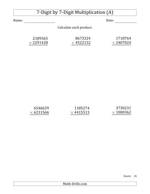 The Multiplying 7-Digit by 7-Digit Numbers (A) Math Worksheet