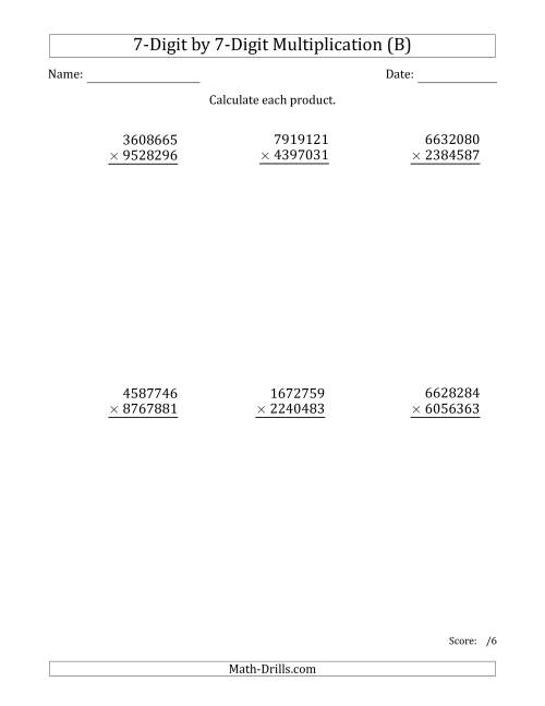 The Multiplying 7-Digit by 7-Digit Numbers (B) Math Worksheet